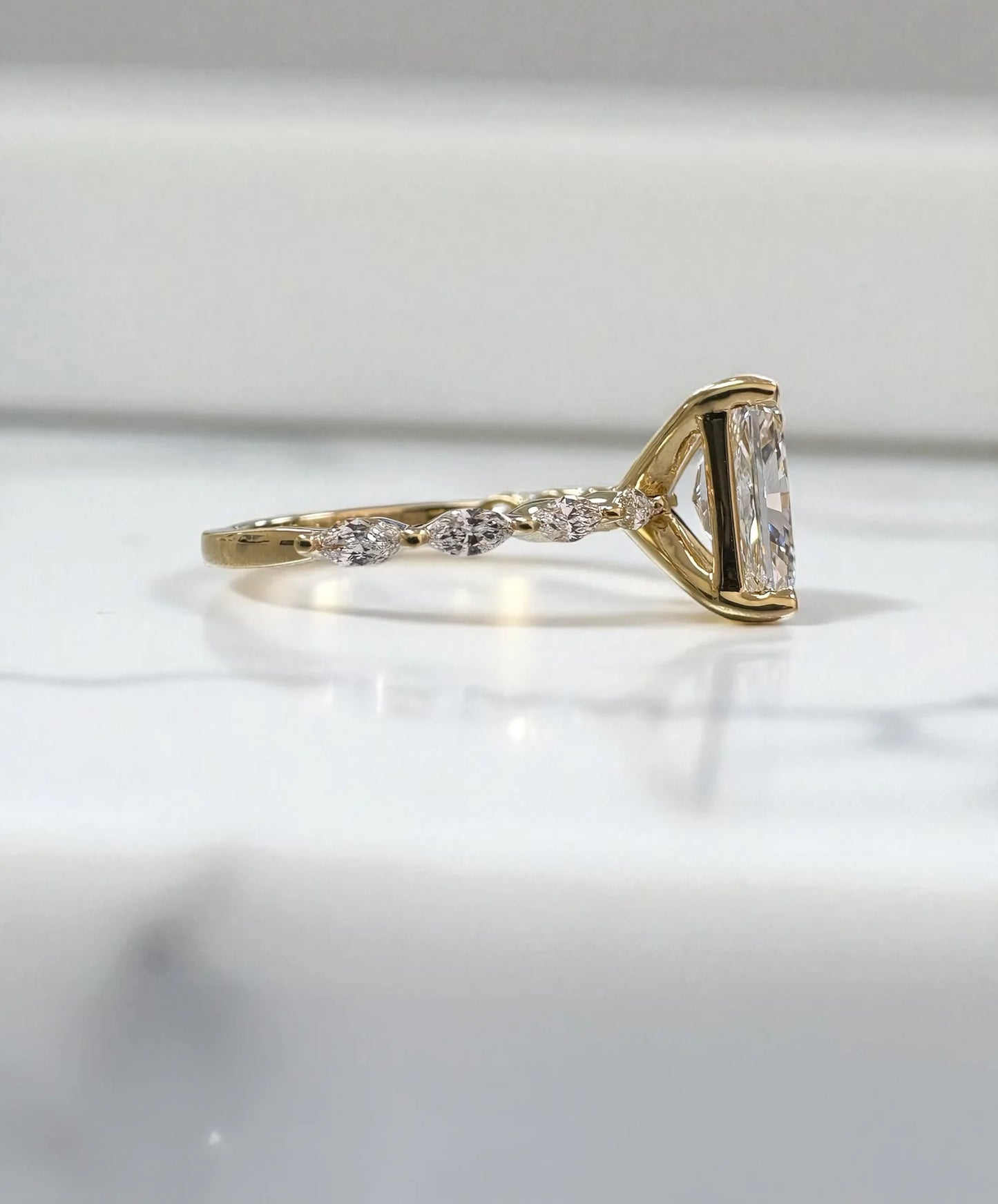 2 ct Radiant Cut Diamond Engagement Ring with Marquise Cut Diamond Band