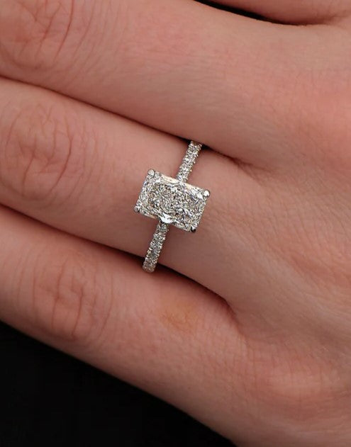 2 ct Lab-Grown Radiant Cut Engagement Ring, Hidden Halo, Mini Oval Cut Band, 14K White Gold