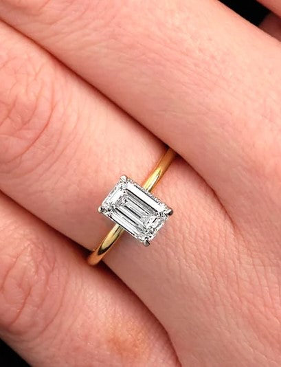 1.5 ct Emerald Cut Lab-Grown Engagement Ring, Hidden Halo on Solitaire Setting